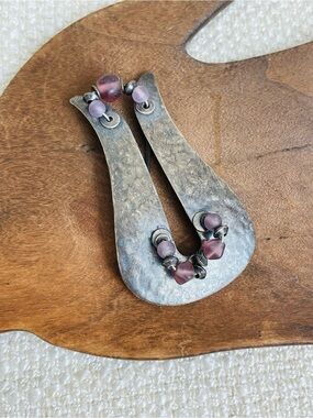 Marjorie Baer Vintage 90s Silver-Tone Modernist Brooch with Purple Beads 2"